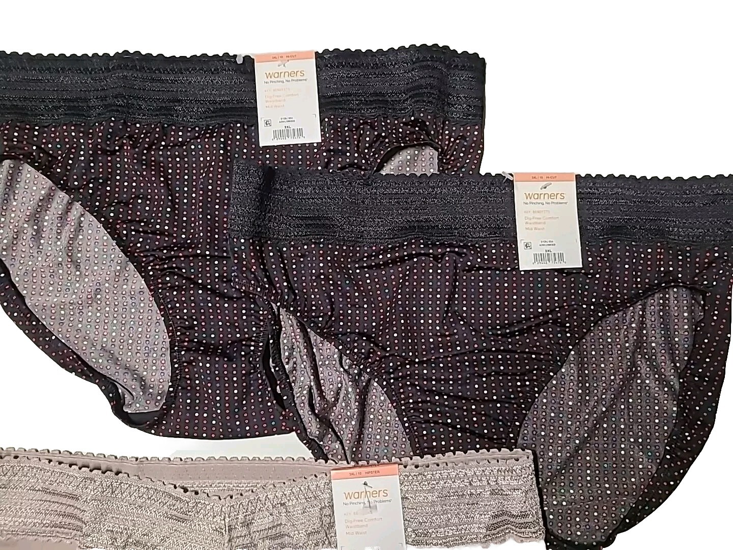 Nwt (3) Warner’s 3XL/10 Plus Panties Hi-Cut And Hipster Black Polka Dots & Nude