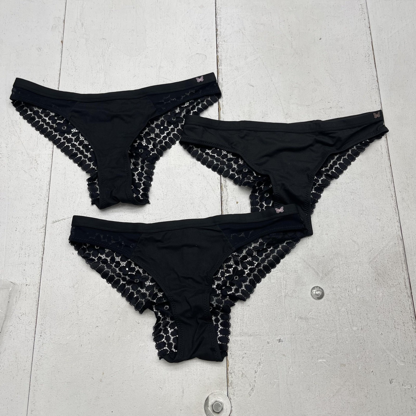 Jessica Simpson Thong Panties Womens Large Black Lace Micro Tanga 3 Pack Stretch