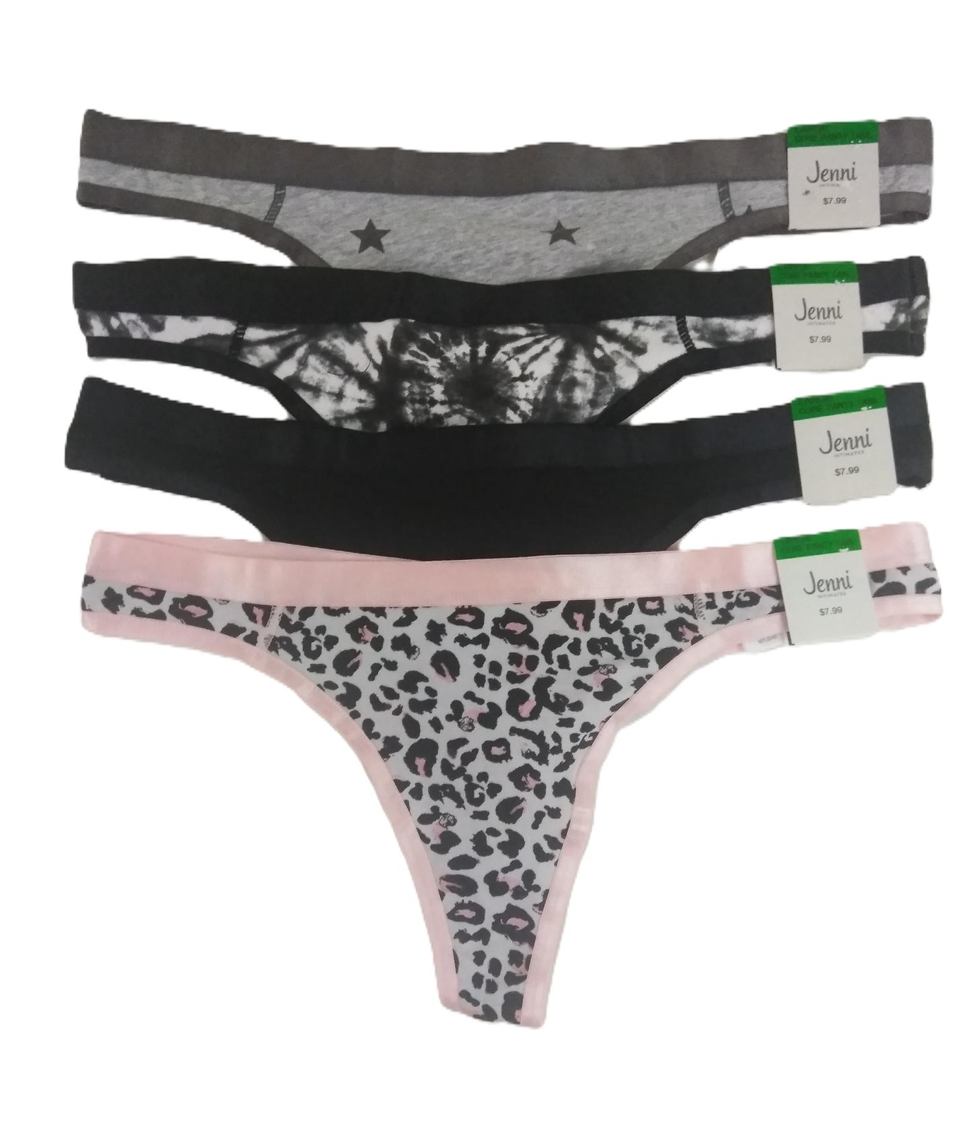 Jenni Women’s Thong Underwear Large 4 Pairs Gray Pink Black Satin Trim