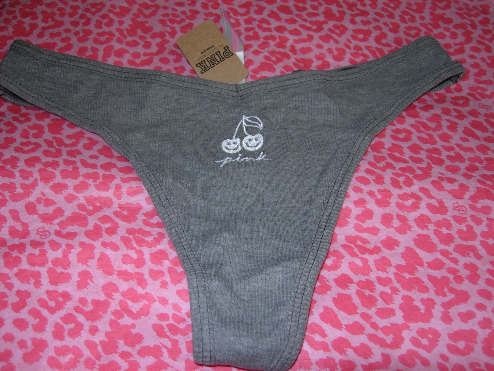 Victoria’s Secret PINK Sexy Thong String V-Cut LOGO Gray w/cherries M XXL NWT