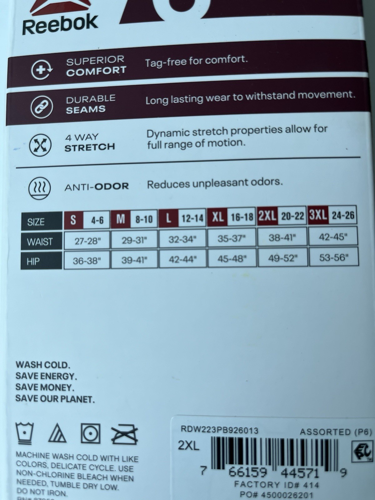 Women’s Reebok Seamless Thong, 6-Pack Size Assorted Colors 2XL (20-22) NWT