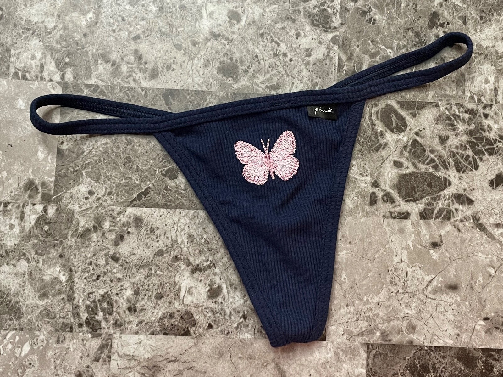 NWT VICTORIA’S SECRET PINK BLUE BUTTERFLY RIBBED KNIT V STRING THONG PANTIES