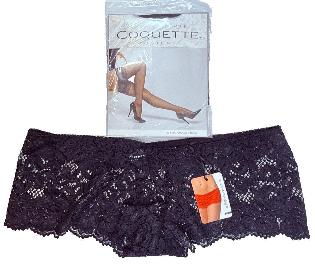 Coquette Lace Panty XL Thigh High Stockings Lace Top Black Lingerie Set NWT