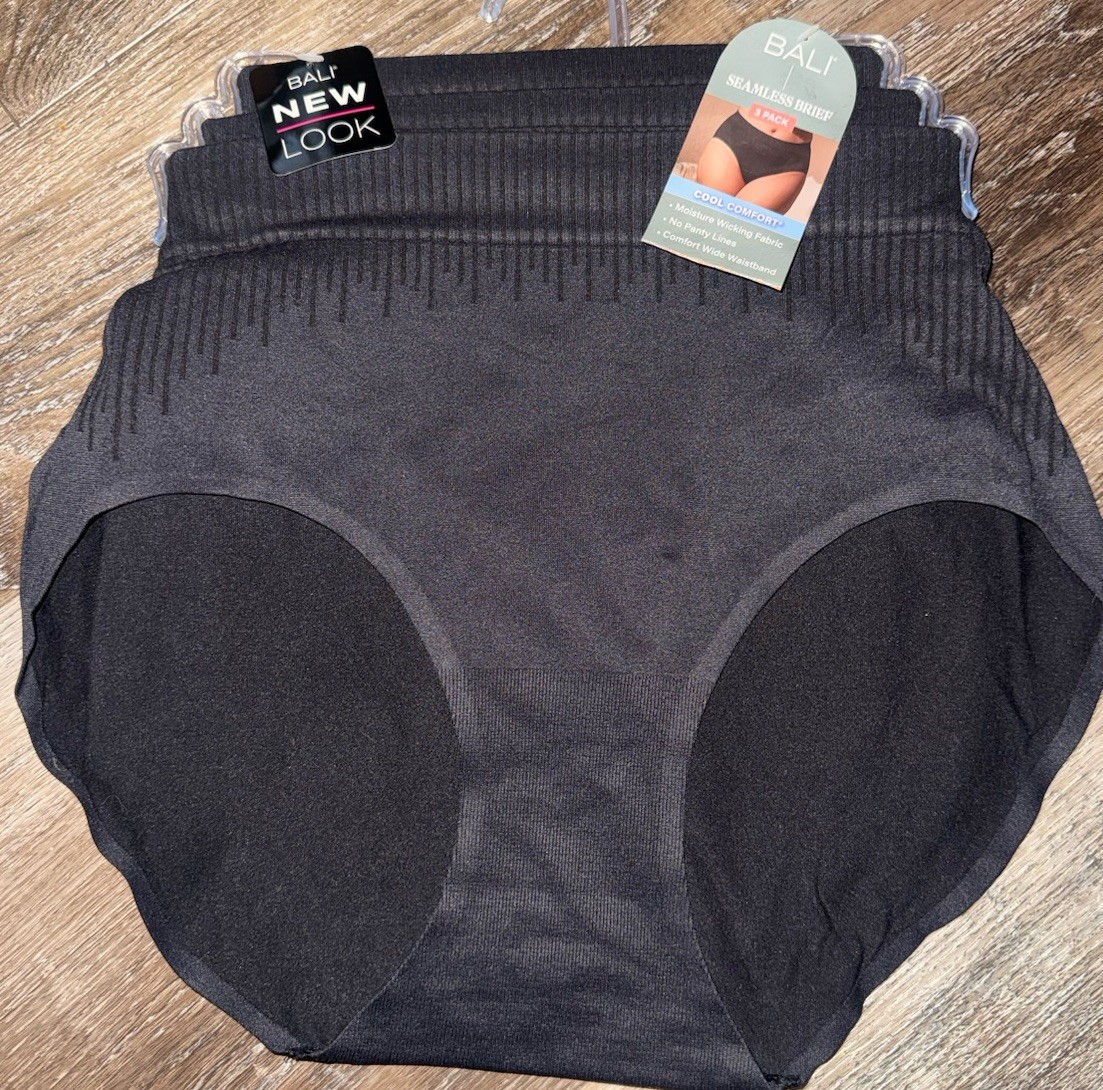 Bali ~ 3-Pair Womens Seamless Brief Underwear Panties Nylon Blend Black ~ M