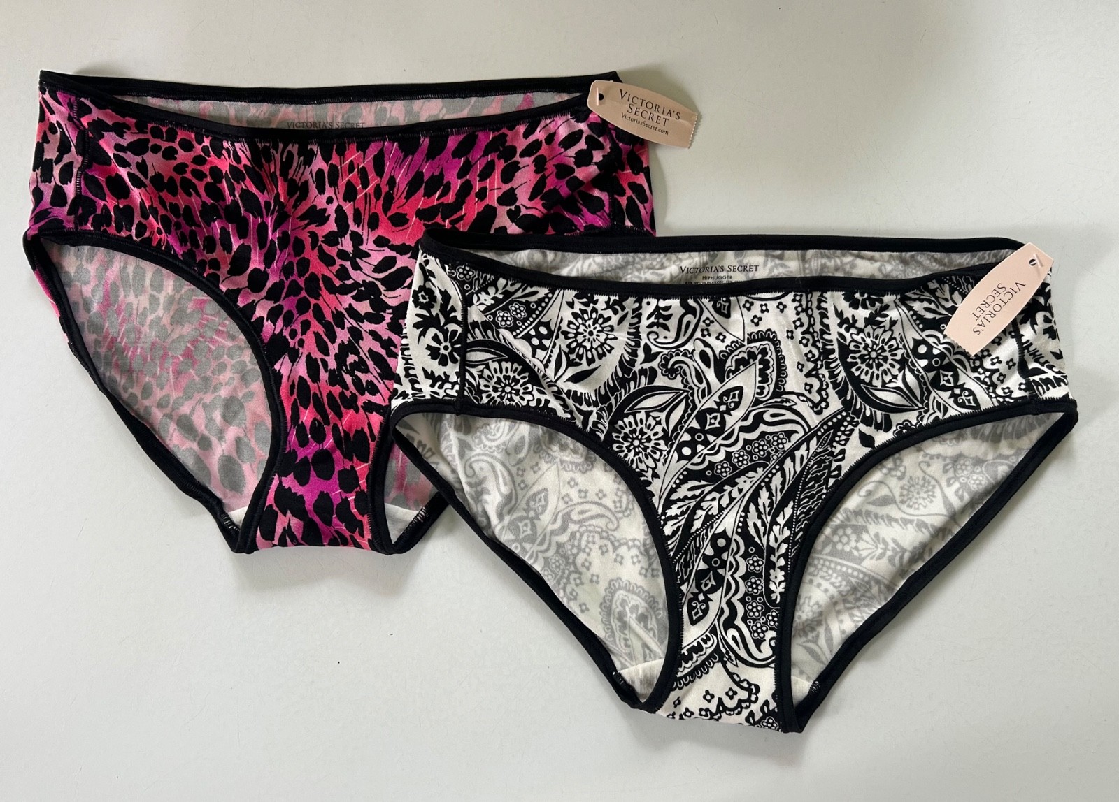 VICTORIAS SECRET Panties Set/2 L HIPHUGGER Pink Black LEOPARD White PAISLEY NWT