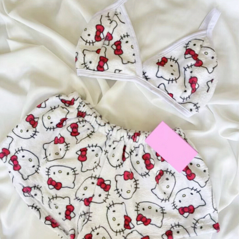 KT Kitty Vest Shorts Y2K Bikini Set Summer Beach Clothes Pajamas Plush