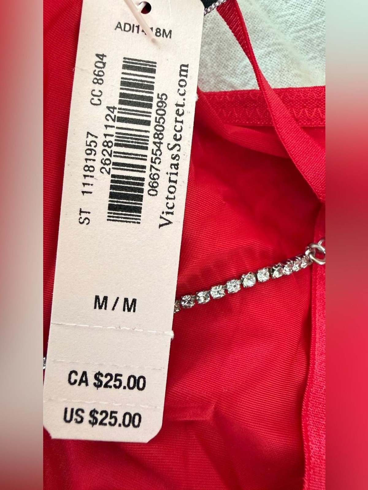 Victoria’s Secret Very Sexy V-String Red Silver Chain Rhinestones Medium New