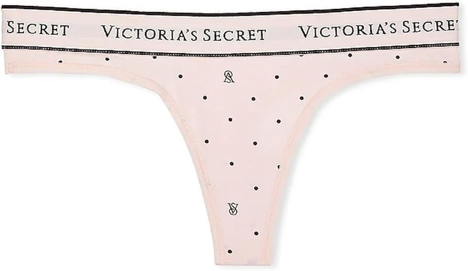 Victoria’s Secret Logo X-Large Cotton Thong Panty Pink w/ Black Polka Dots NWT