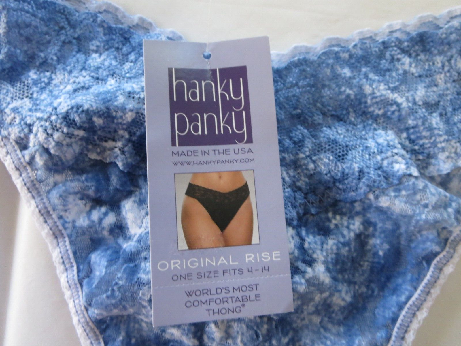 HANKY PANKY DENIM SPLASH ORIGINAL RISE THONG #4A1181 BLUE WHITE, O/S, NWT $25