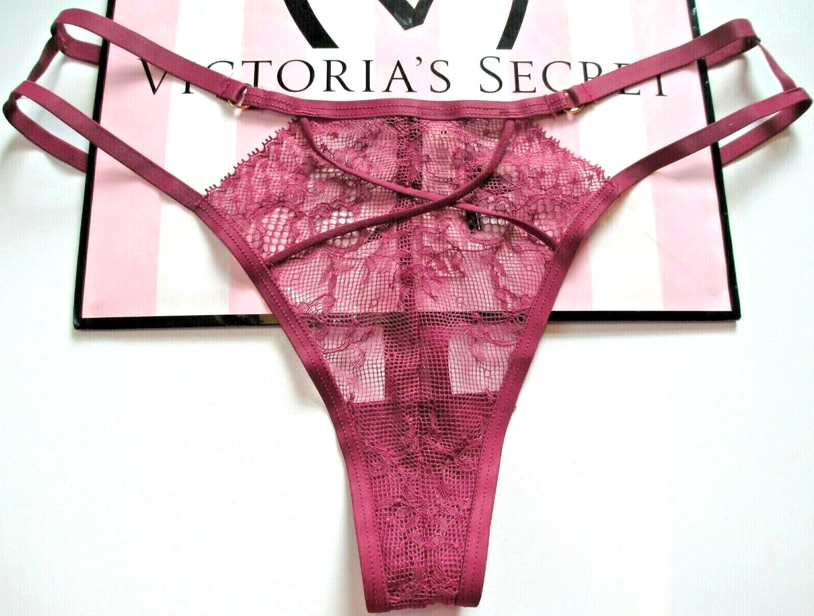 VICTORIA’S SECRET VERY SEXY Strappy Lace Thong Panty VS Velvet Maroon L LARGE