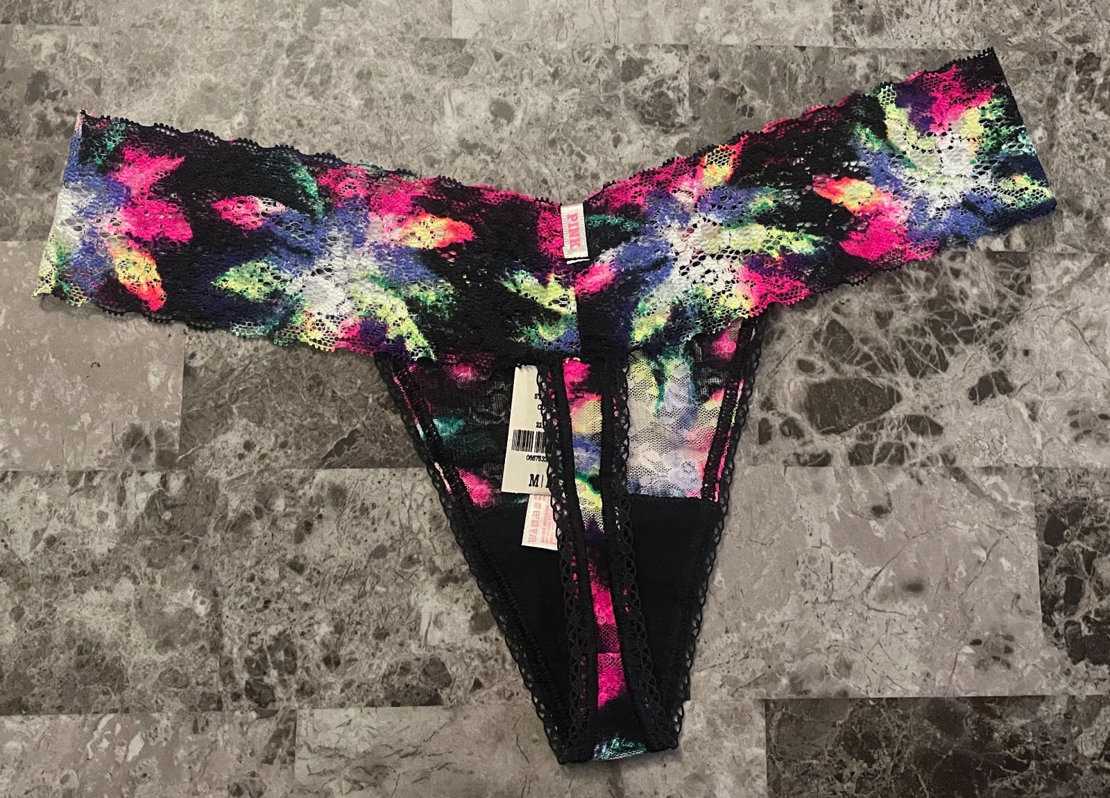 NWT VICTORIA’S SECRET PINK M BLACK YELLOW GREEN FLORAL LACE RARE THONG PANTIES