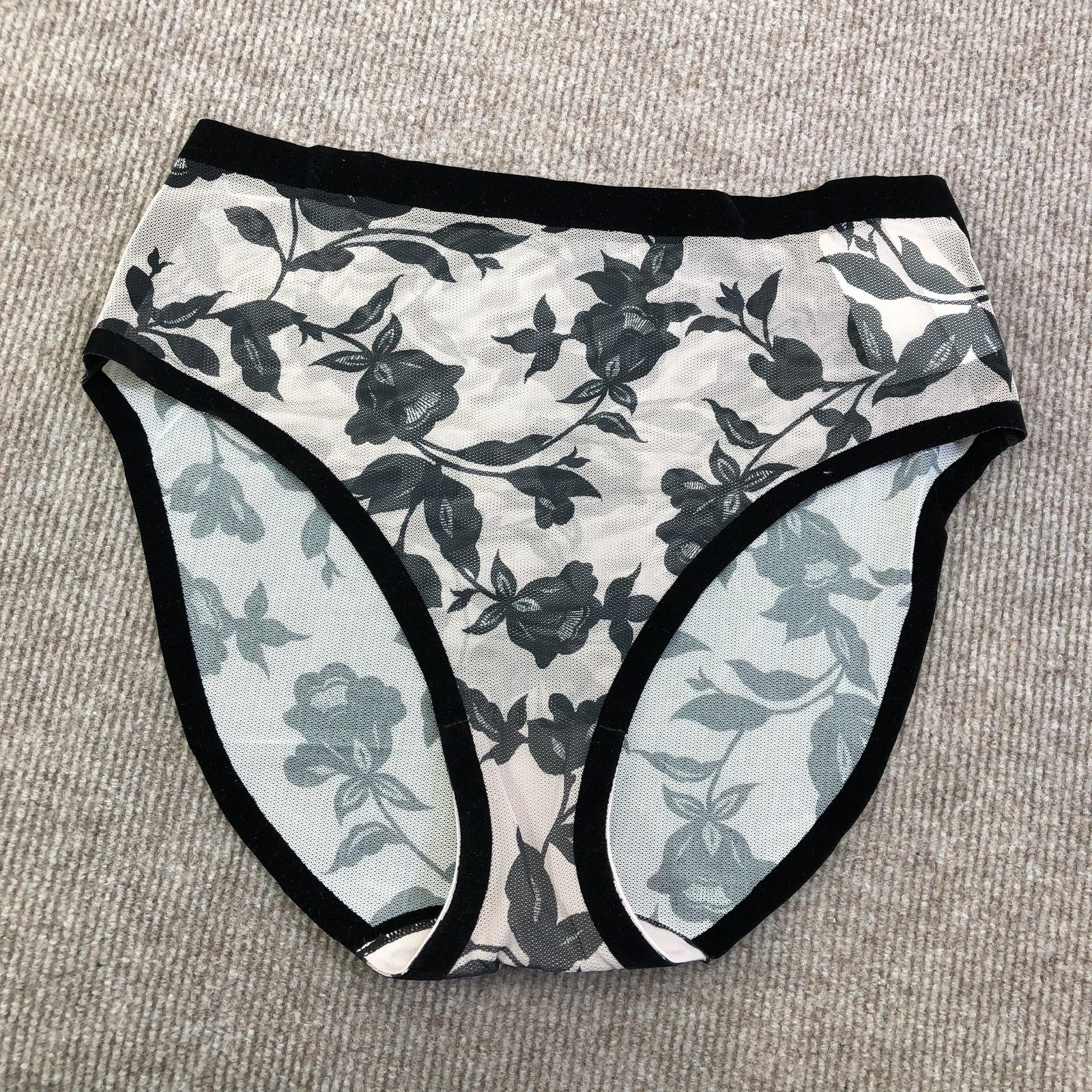 EBY Underwear Womens L Black High Waist Mesh Floral Brief Panties Sheer Stretch