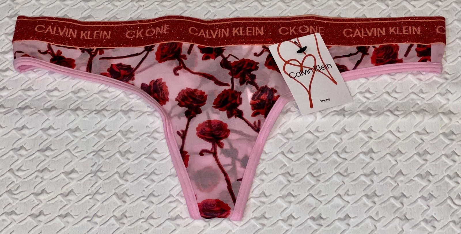 CALVIN KLEIN CK One Glitter Pink Red Black Floral Thong Panty Womens XS S M L
