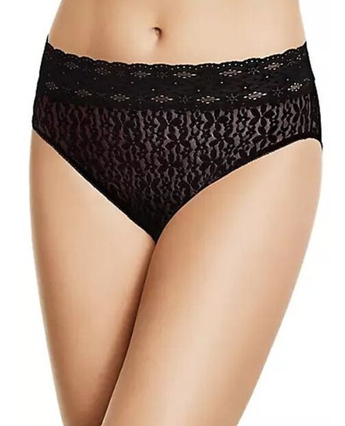 NWT Wacoal 870305 “Halo Lace” Hi-Cut Brief Stretch Lace Panty, Black (BK)