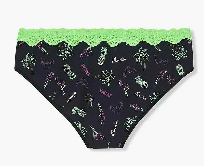 Torrid Black tropical & neon green wide lace cotton hipster panty NWT 1x 2x 3x
