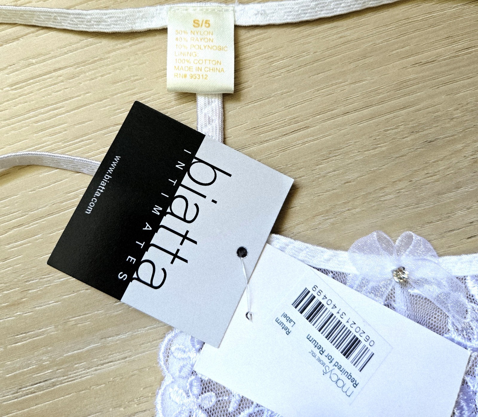 NWT Biatta White Sheer Floral Lace Bridal String Thong Bow Gem Panties S/5