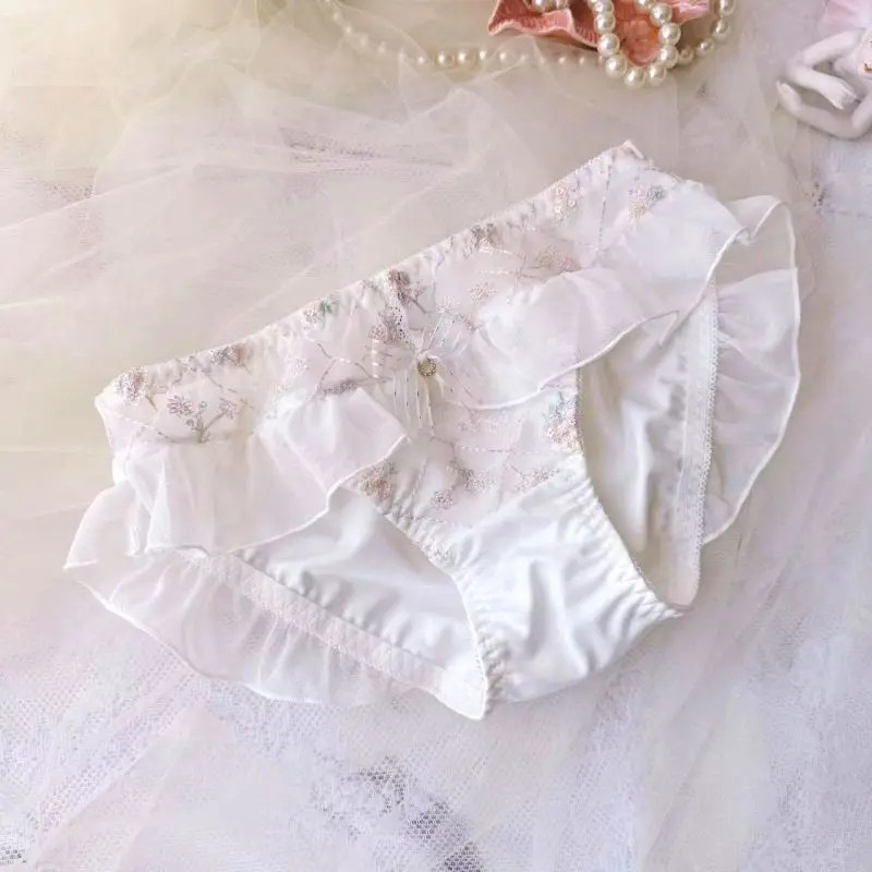 Floral Embroidery Briefs Mid Rise Ruffle Lace Underwear Panties Women Soft