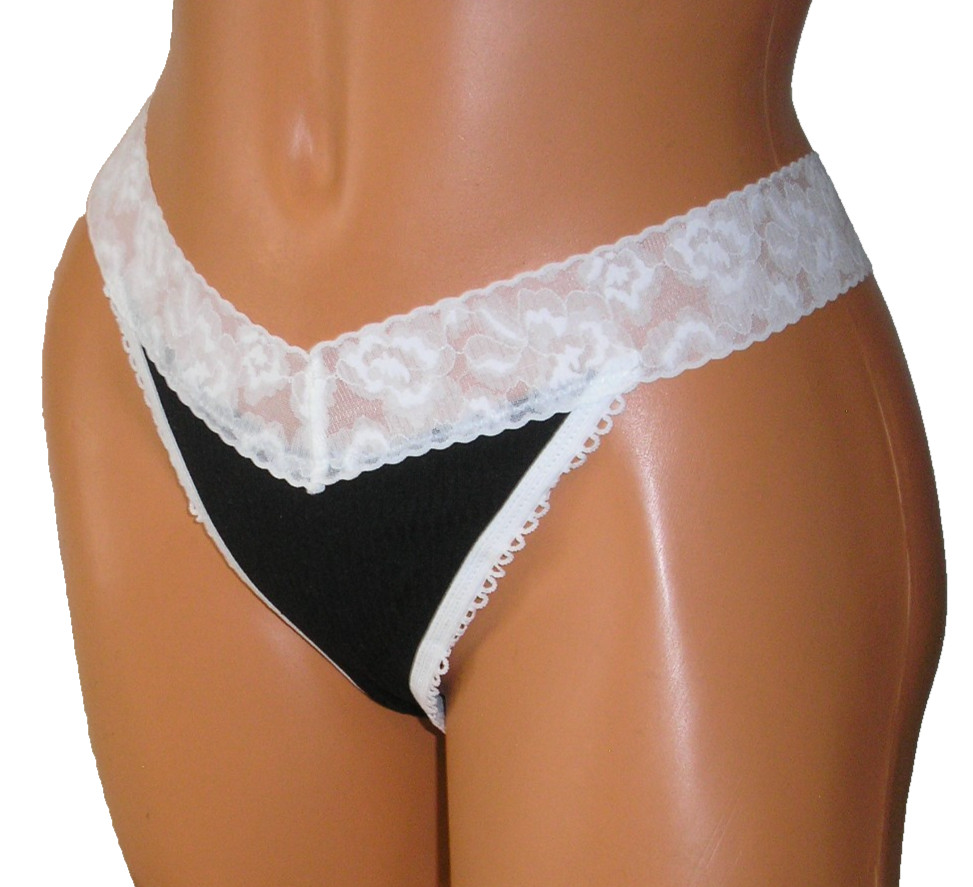 Panties Lingerie Black Ribbed Lace Trim Thong, XL Adult Gift