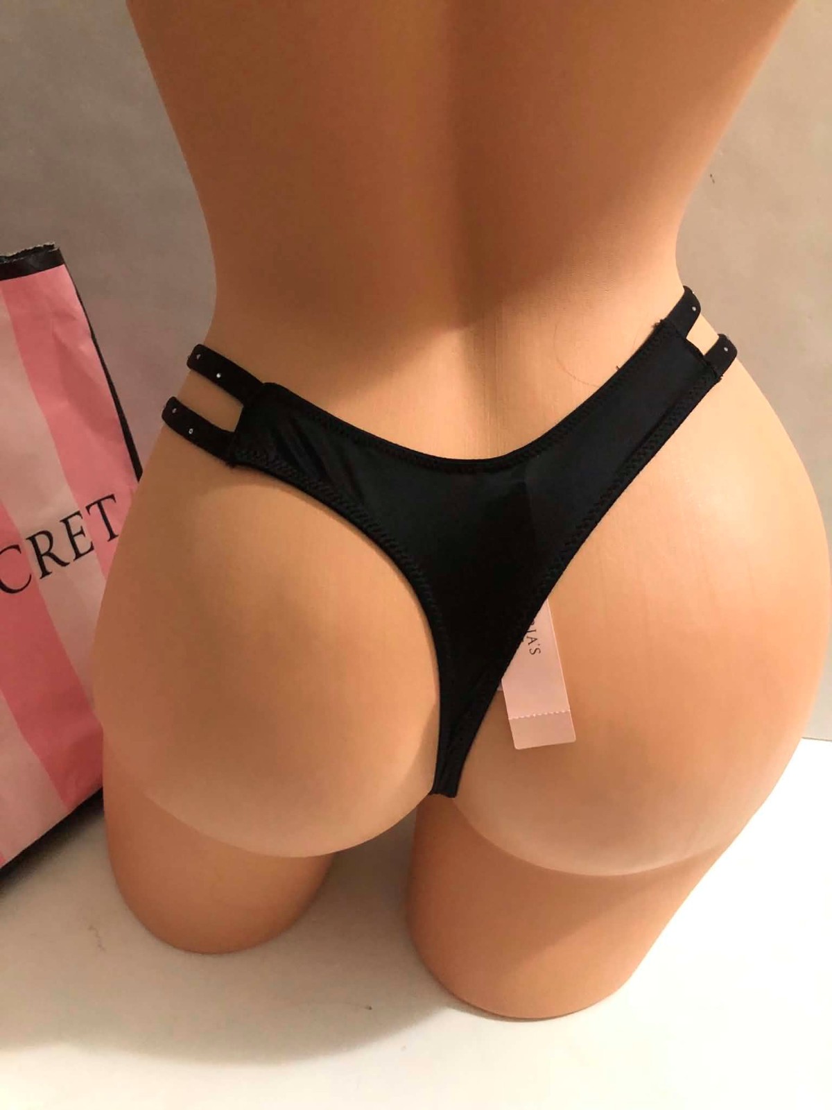 Victoria’s Secret Sparkle Crystal Scattered Shine Double Strap Thong Panty Black