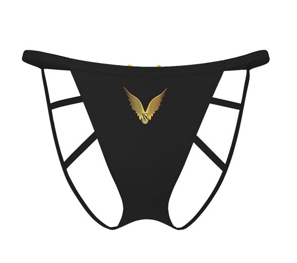 Victoria’s Secret Angel Wings Black & Gold Strappy Open Back Satin Panty Sz M