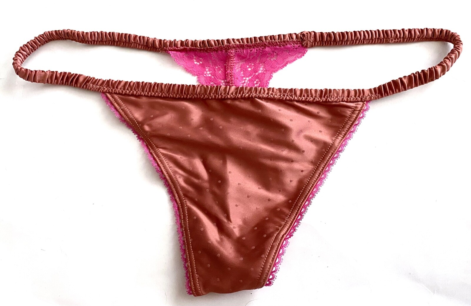 Victoria’s Secret V String Panty Canyon Rose Dot Satin Sexy Ruched Strap M