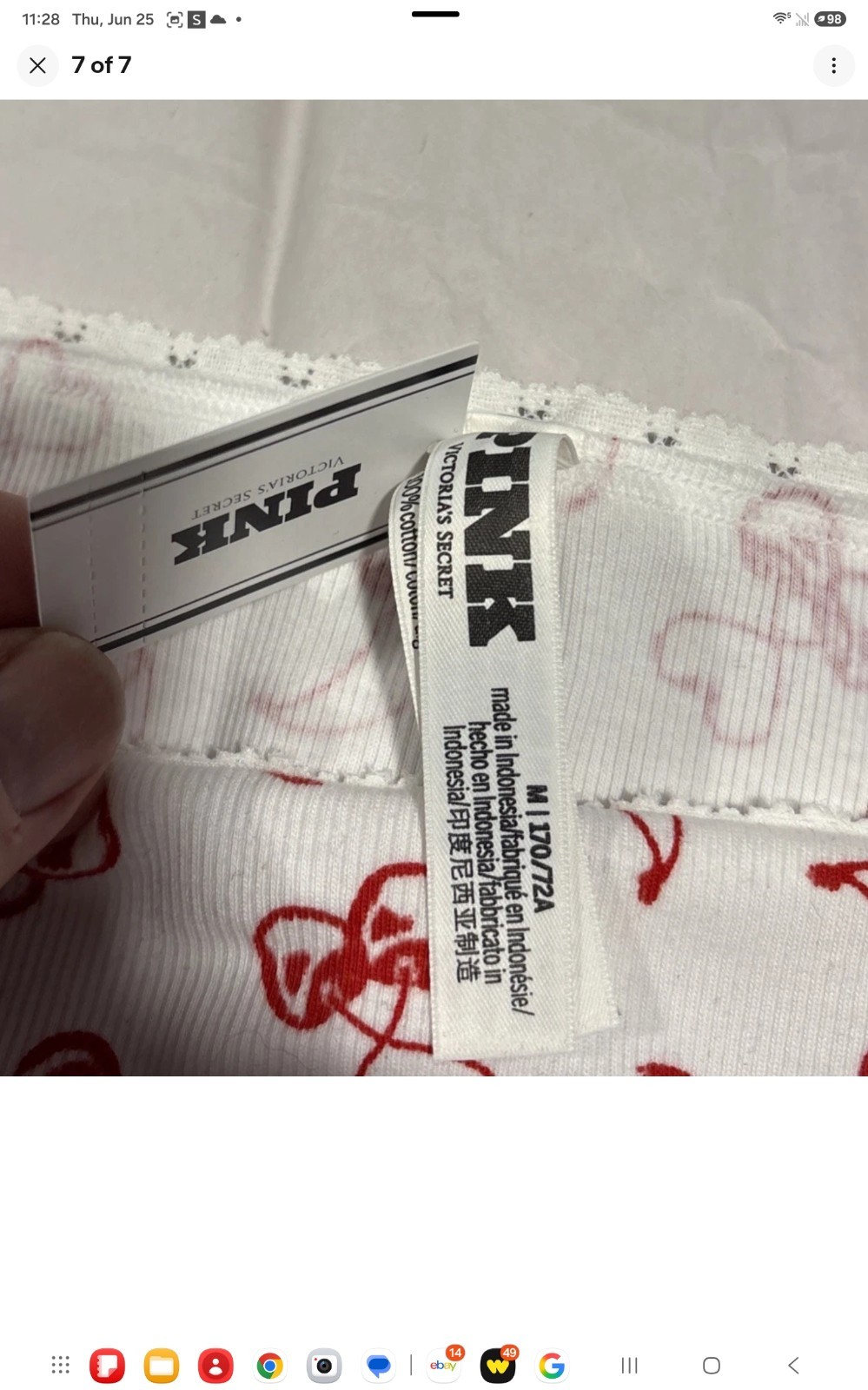 VICTORIA’S SECRET PINK Cotton String Bikini Panty Med White Red Cherries VS New
