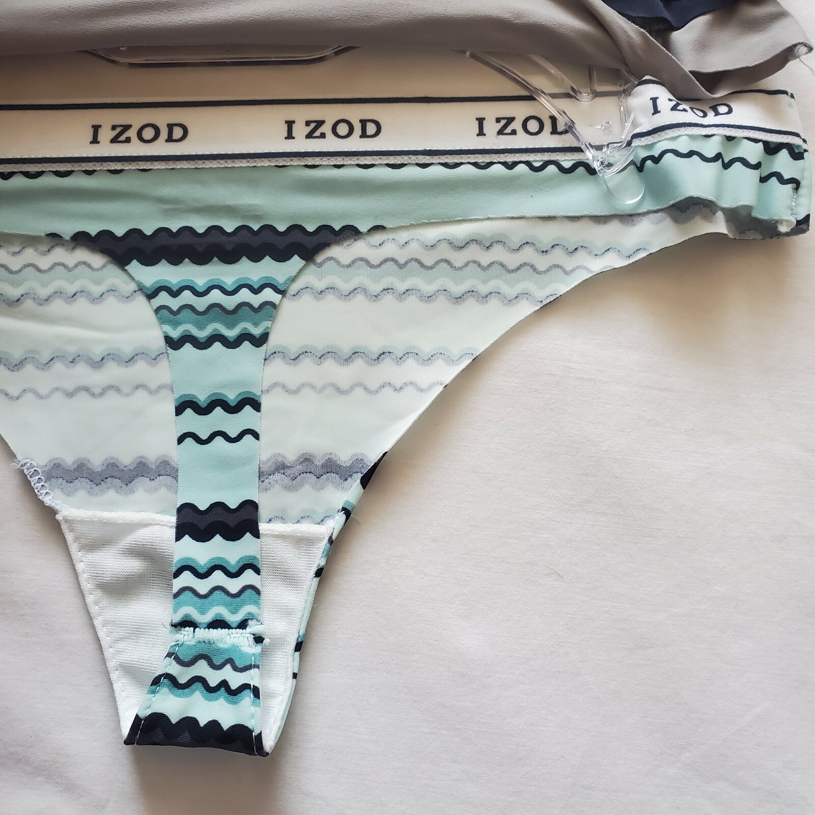 3 Pair IZOD Laser Cut Thong Panties, Size L, Teal, Gray, Navy Blue, MP
