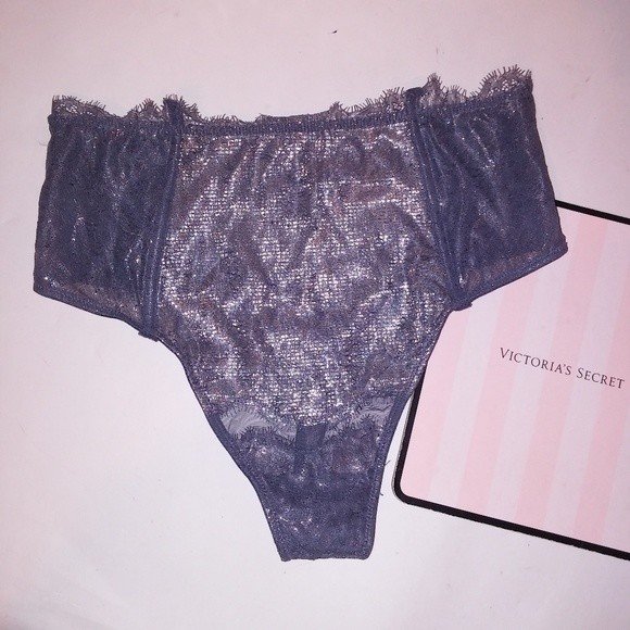 Victoria Secret Panty High Waist Thong Medium Gray Metallic Lace