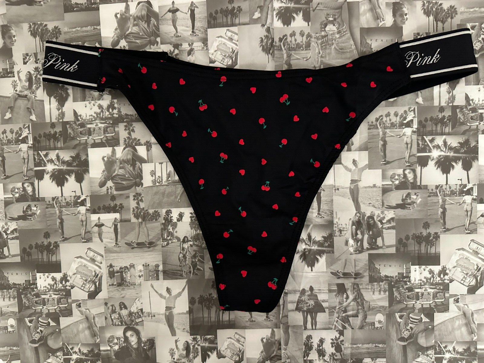 Victoria’s Secret PINK Elastic Logo Polyamide Thong Panty Black Cherry Heart M