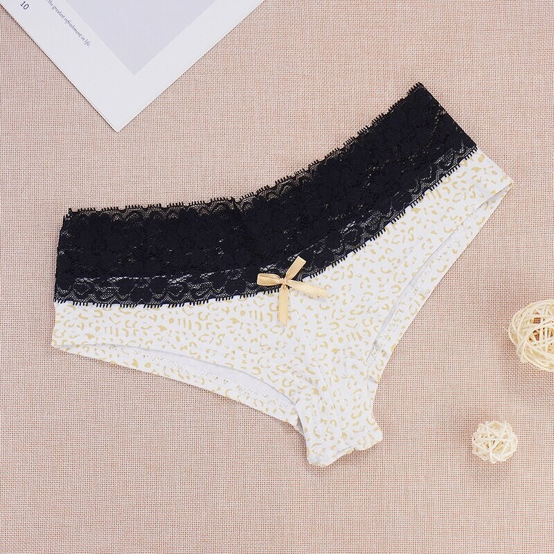 Cute Leopard Print Cheeky Panties, Lace Waistband & Satin Bow In 3 Color Choices