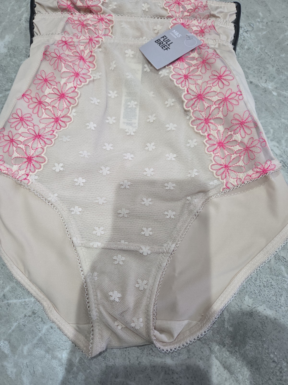 M&S 3pk Daisy Embroidery Full Briefs Knickers Size 12 OPALINE
