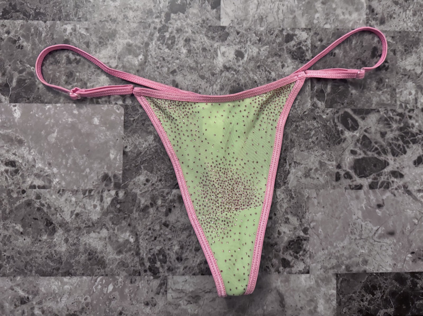 VICTORIA’S SECRET PINK GLITTER GREEN MESH ADJUSTABLE VINTAGE RARE THONG PANTIES