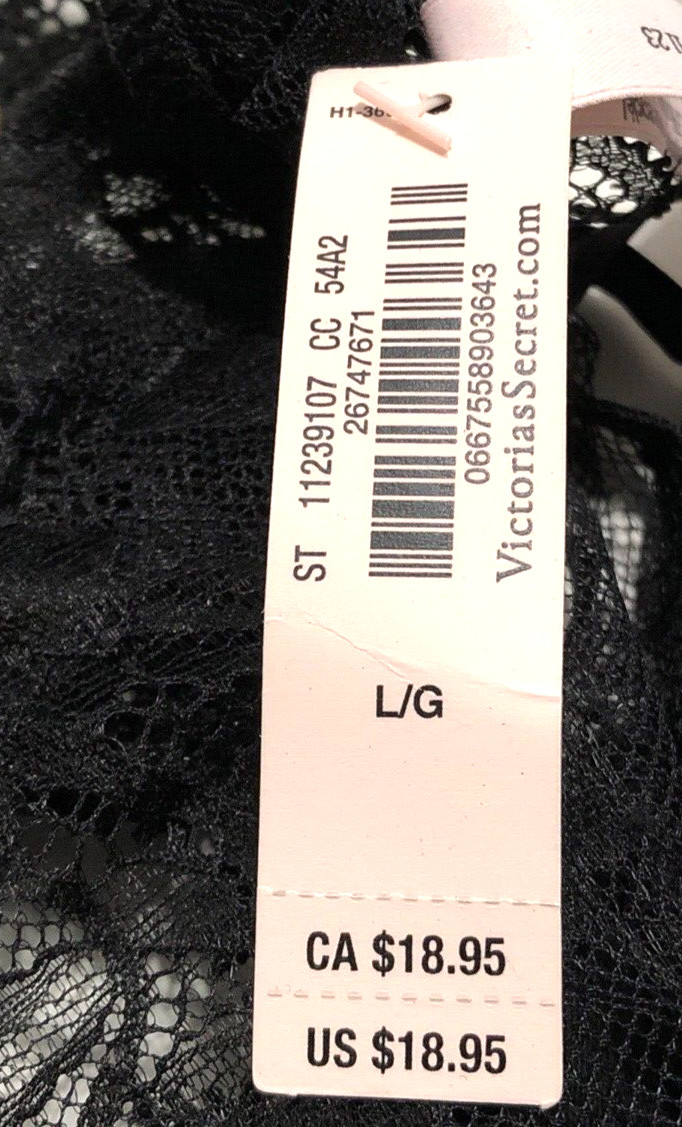 Victoria’s Secret NWT Very Sexy Large Black V String Thong Panty Rose Lace Metal