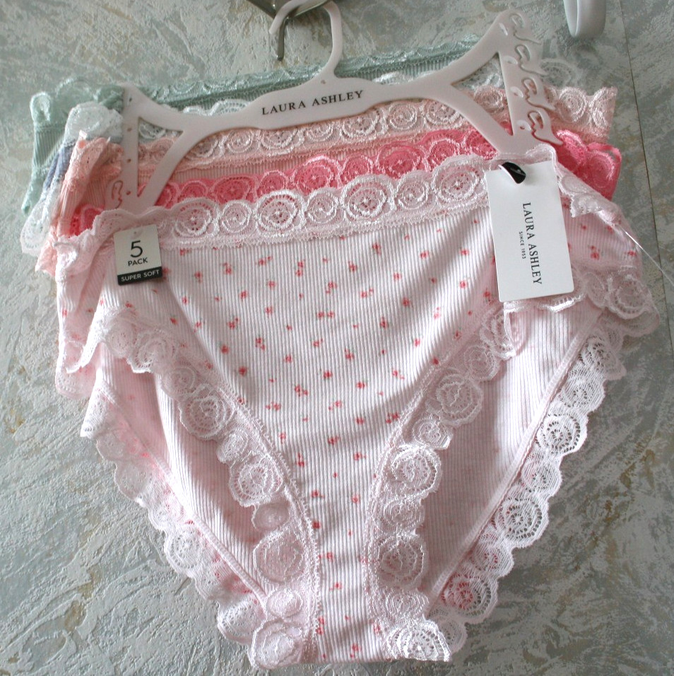 NWT LAURA ASHLEY 5 pack briefs Panties Size Large Green Gray Pink Ribbed Hanger