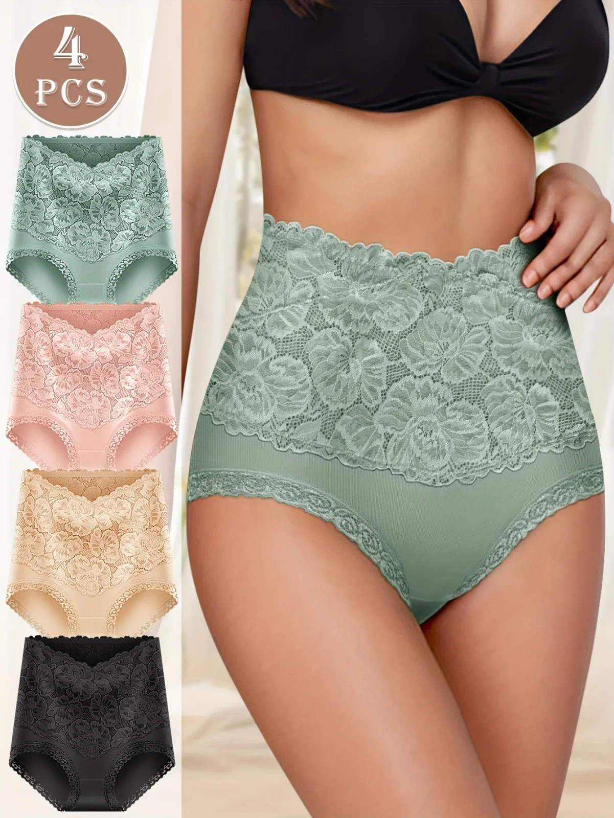 4pcs High Waist Cotton Jacquard Pattern Sexy Lace Hip Lift Shape Briefs Panties