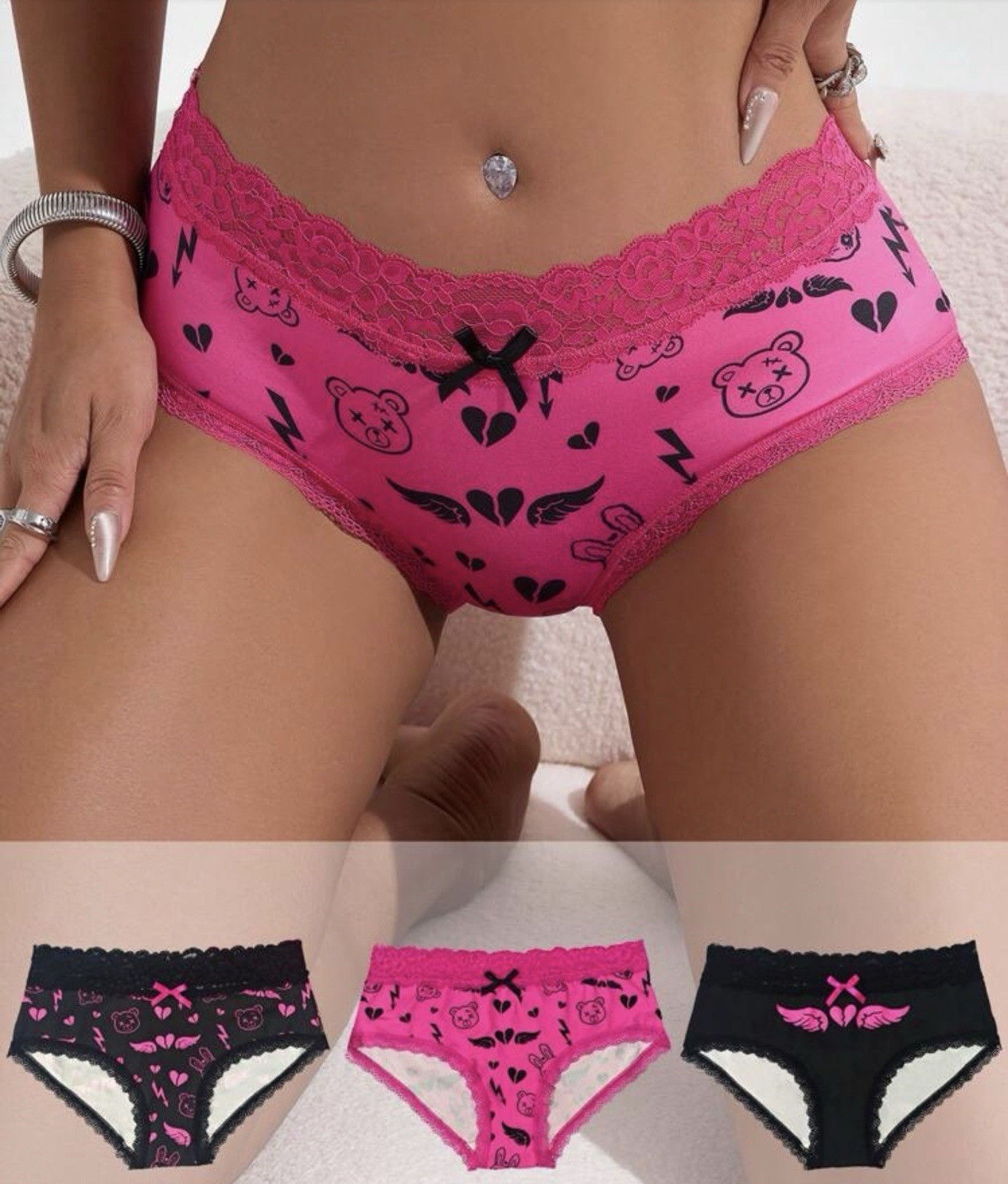 Women’s Teen Lace Brief Panties Bow Graphic Print Stretch Kawaii 3pk (6) Medium