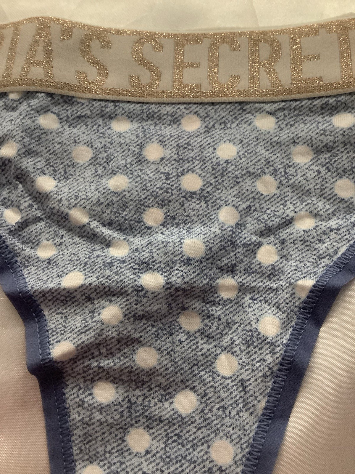 Victoria’s Secret PINK Women’s Thong Panties Blue Polka Dot Gold Glitter 1pk L