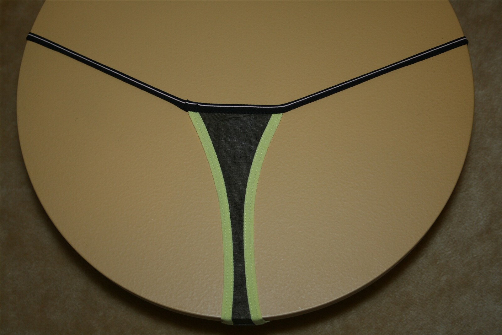 Brown Thong G-String With Yellow Bands & A Black Band w Pink Stripe – S