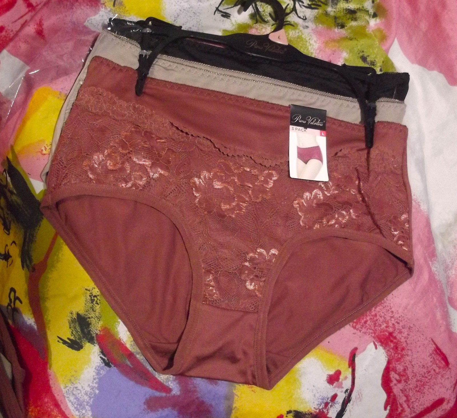 3 NEW PRIMA VALENTINA 871058 BWN/BG/BK MICROFIBER LACE TRIM BRIEF PANTIES L