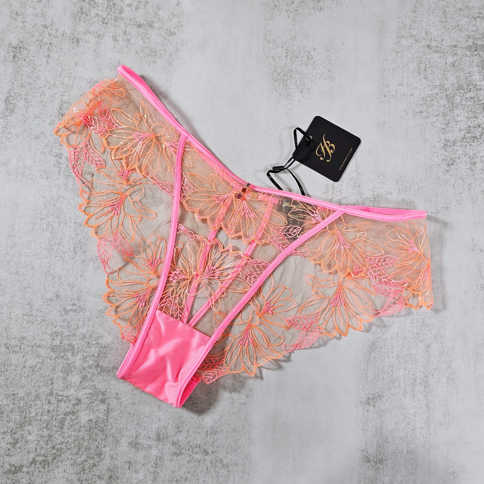 Honey Birdette Lily Neon Pink & Orange Floral Embroidered Brazilian Panty Size L