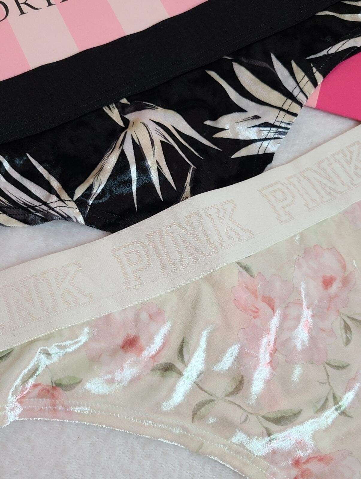 VS PINK 2pk Tropical Logo Band Velvet Classic Thong Panties Size M