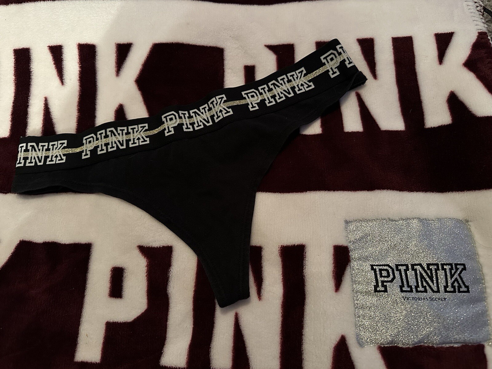 TRUE VINTAGE VICTORIA SECRET PINK LOGO THICK GLITTER WAISTBAND THONG M BLACK