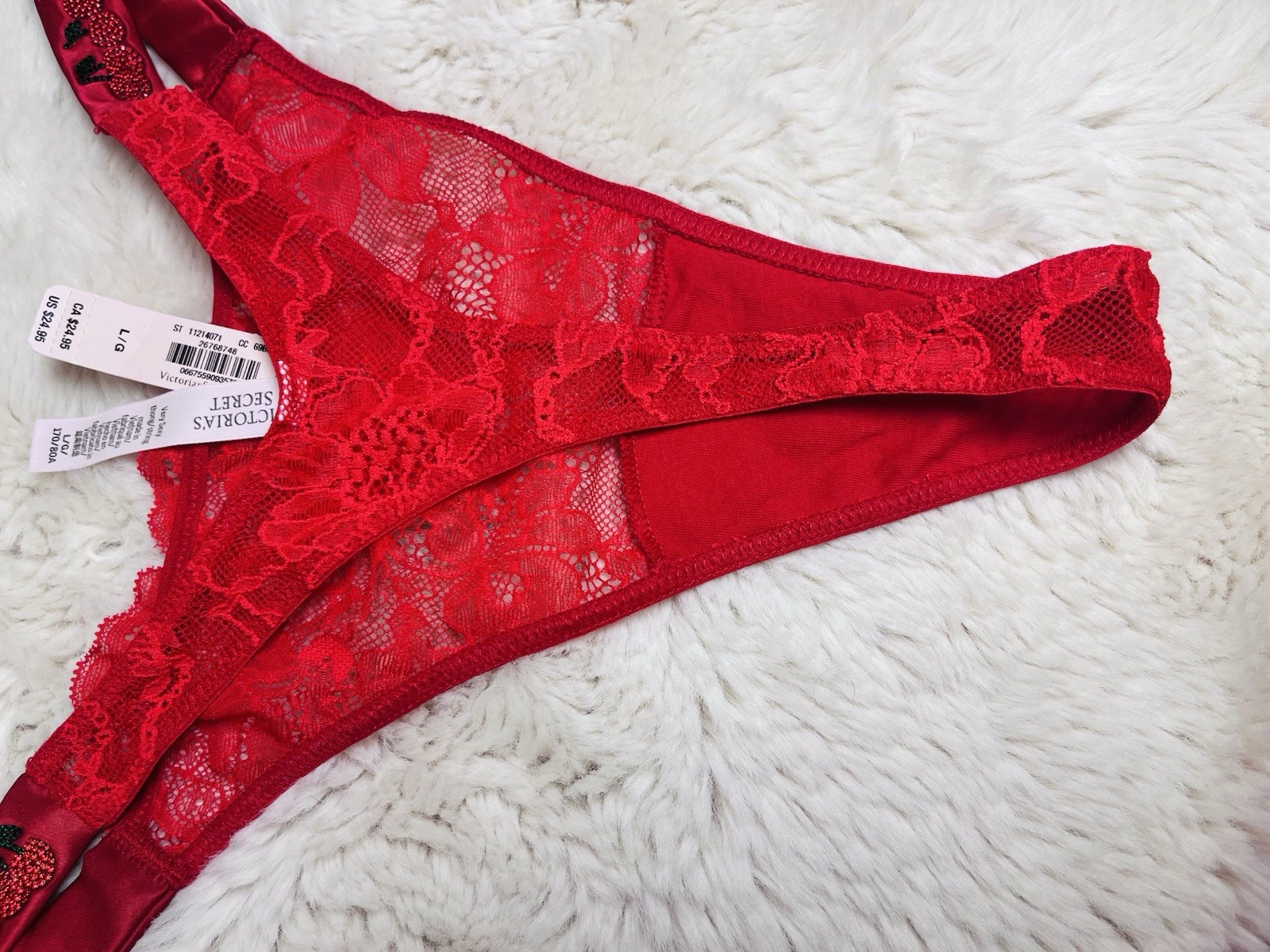 VICTORIA’S SECRET L RED FLORAL LACE RHINESTONE LOGO THONG PANTIES