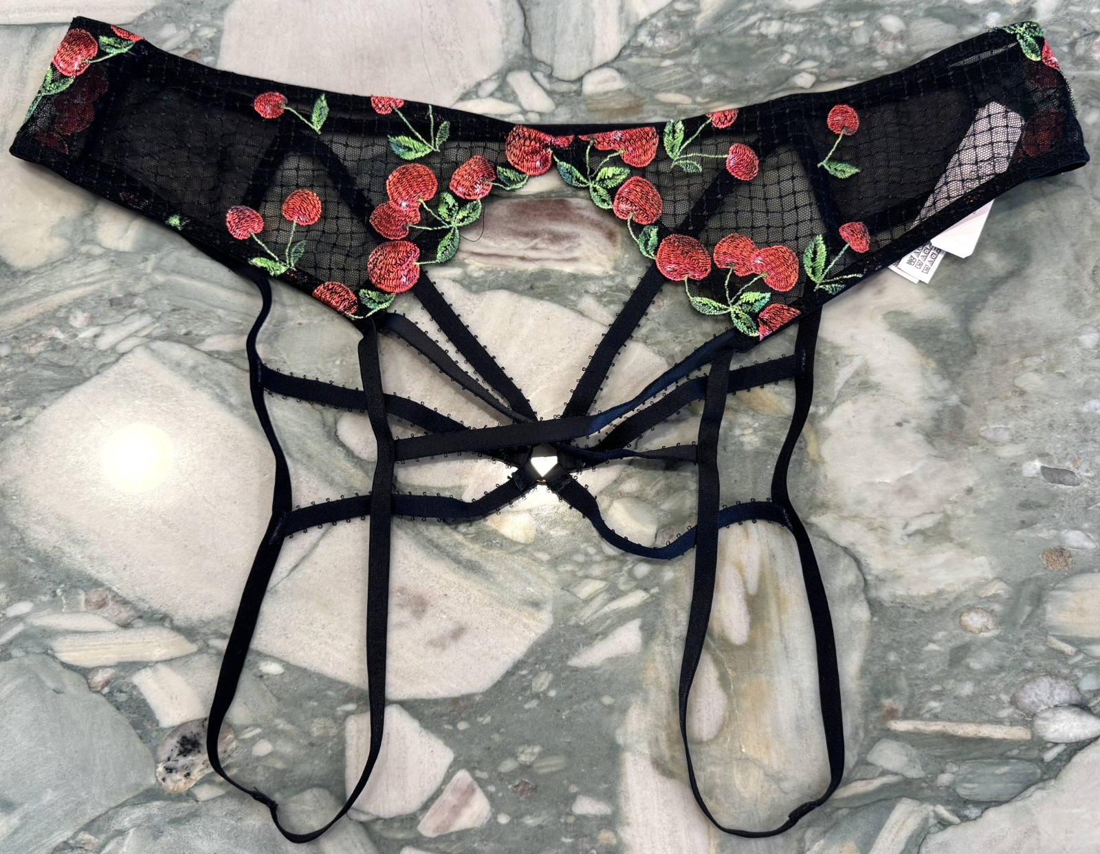NEW Victoria Secret Very Sexy Cherry Embroidery Open Panty Black Cherries XL XXL