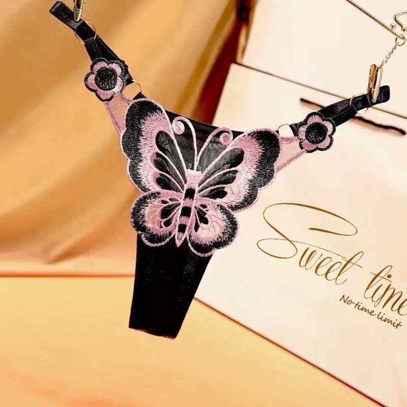 Women Lace Thong Panties Low Waist Mesh G-String Adjustable Butterfly
