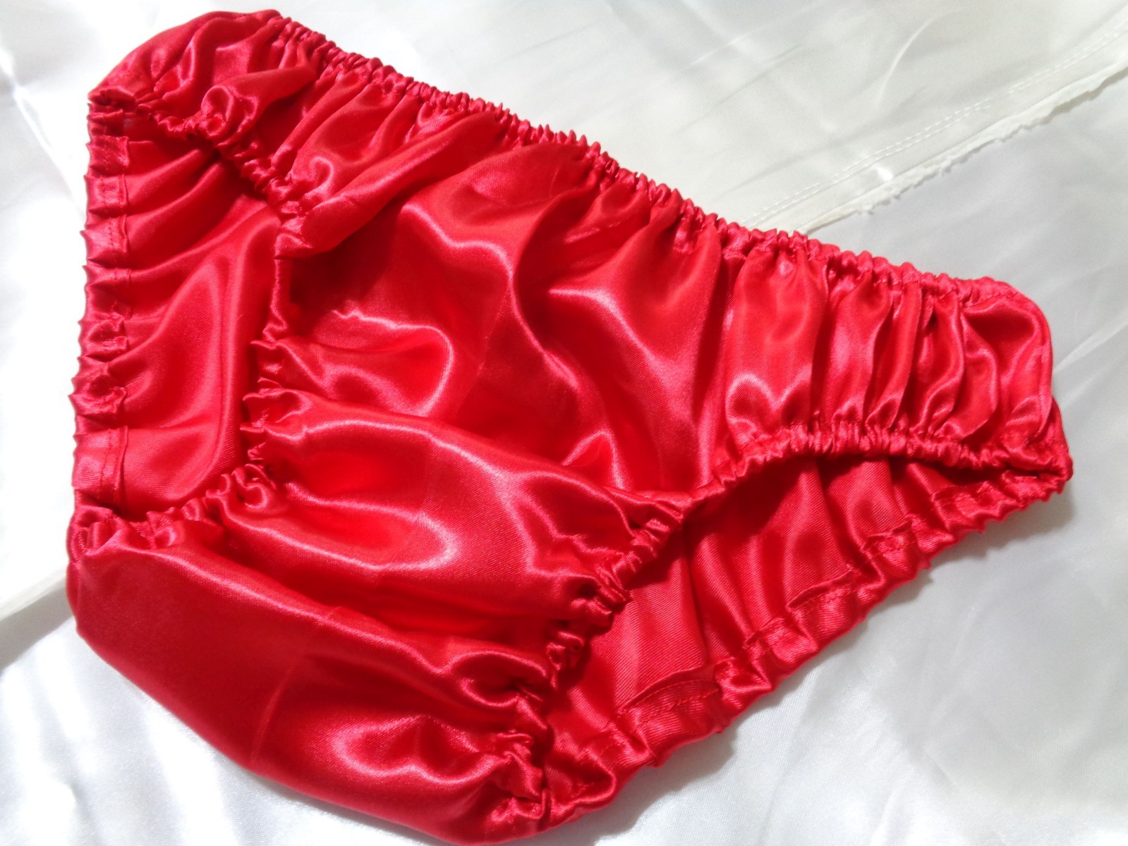 adult sissy handmade bright red frilly men satiny bikini panties dress-up 33-47