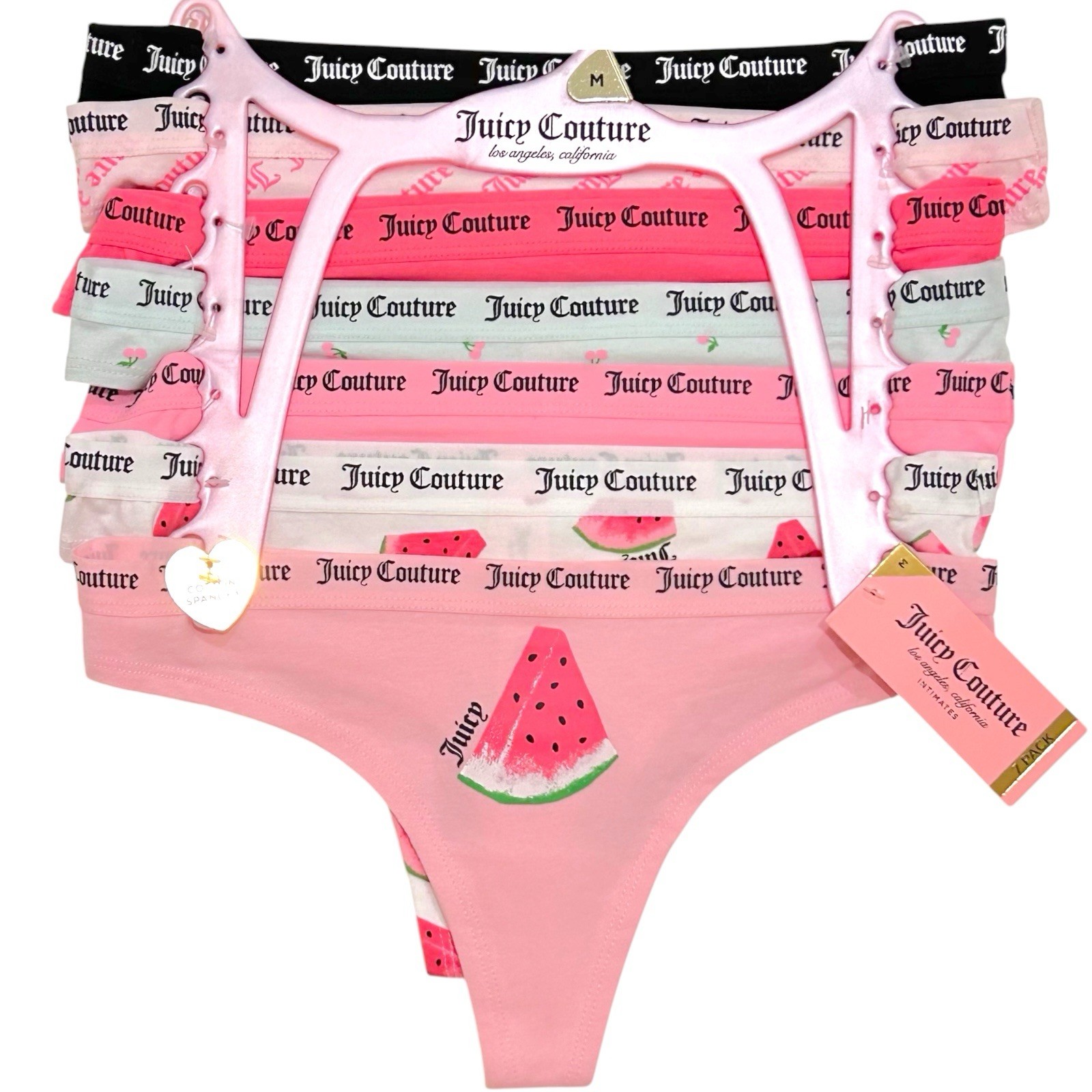 NWT Juicy Couture 7-Pack Thong Panties MED Watermelon Cherries Cotton Spandex
