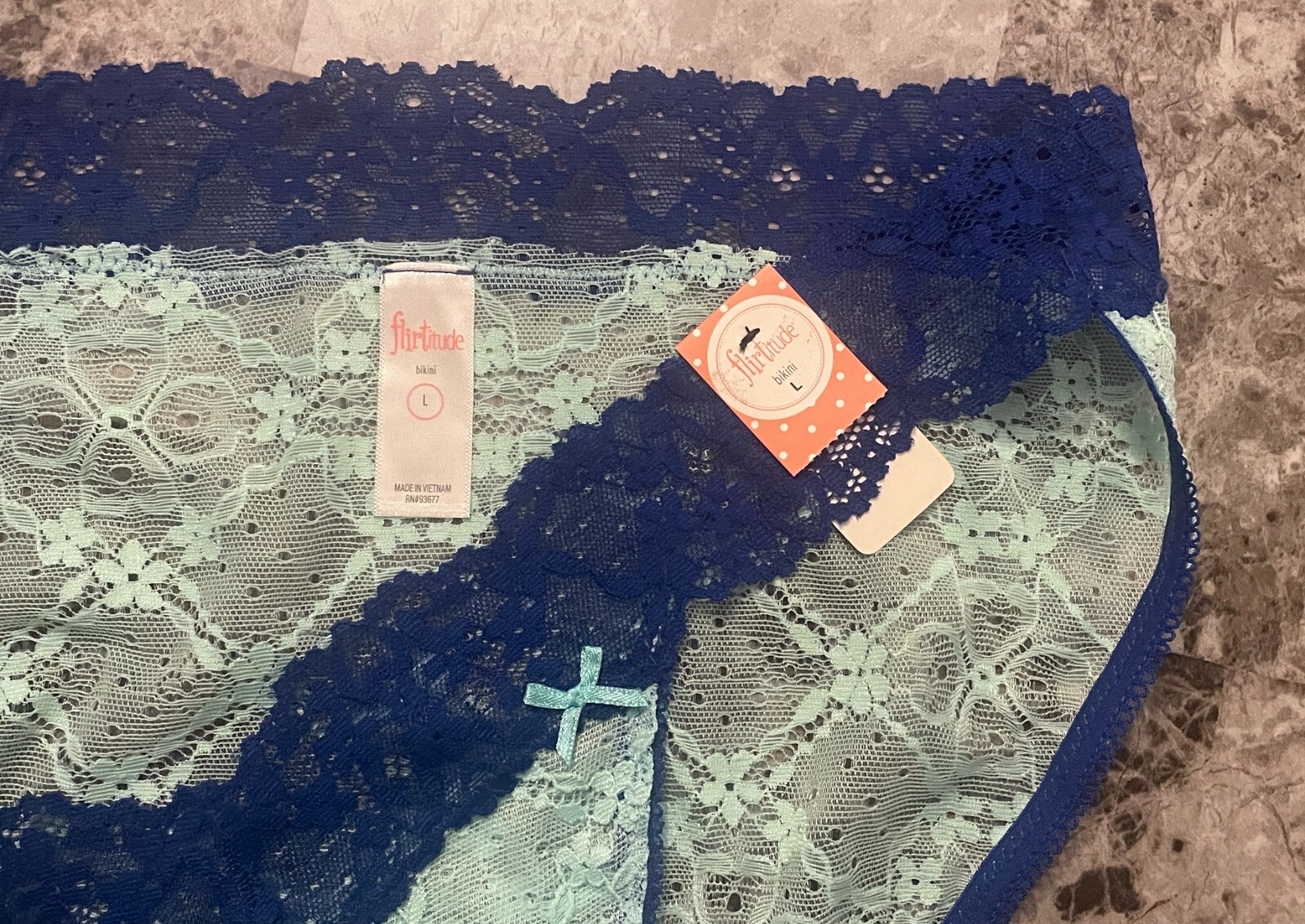 NWT FLIRTITUDE LARGE AQUA BLUE FLORAL LACE MESH BOW RARE BIKINI PANTIES