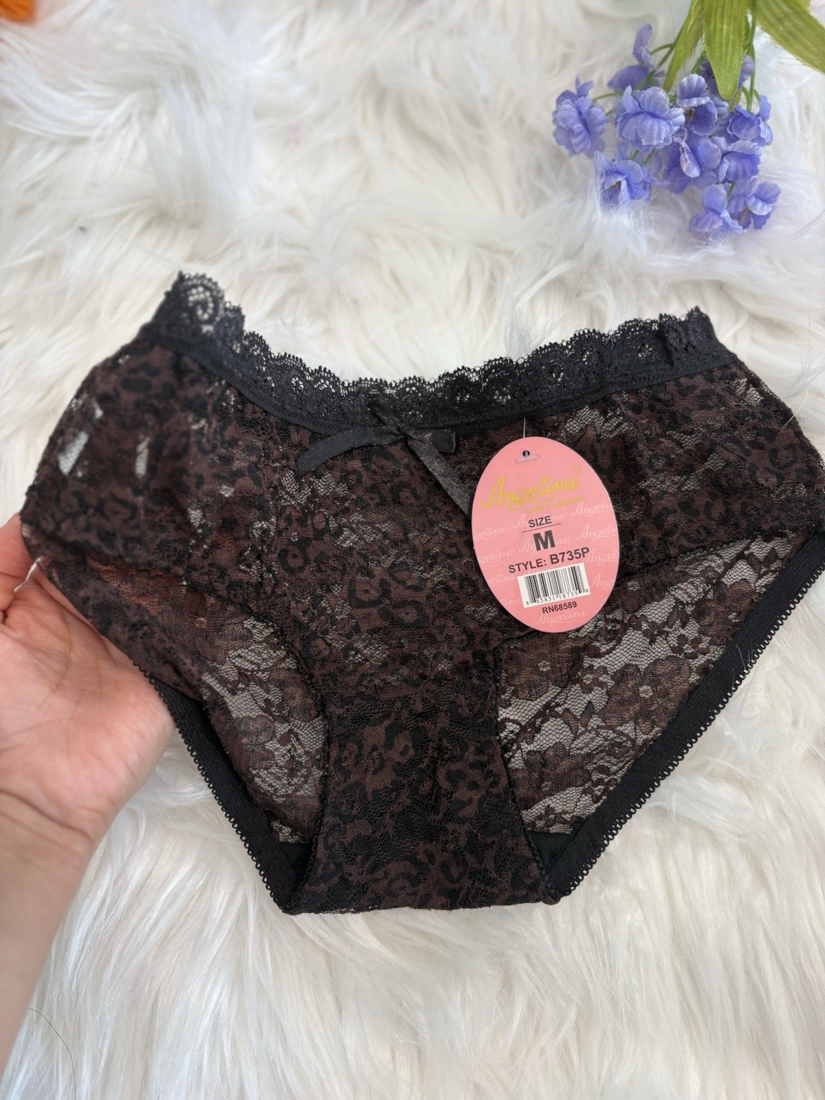 Angelina Panties Hipster Lace Animal Print Black Stretch Bow Accent Size M