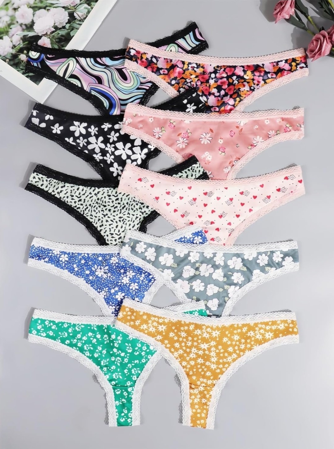 10-Pack Women Sexy Coquette Contrast Lace Trims Floral Print Thongs Underwear